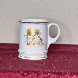 Williams Sonoma White and Gold Mug with Ornate Letter R  4.5” tall